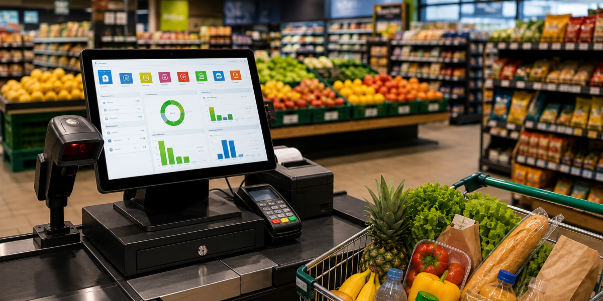 Cena de checkout moderno no supermercado